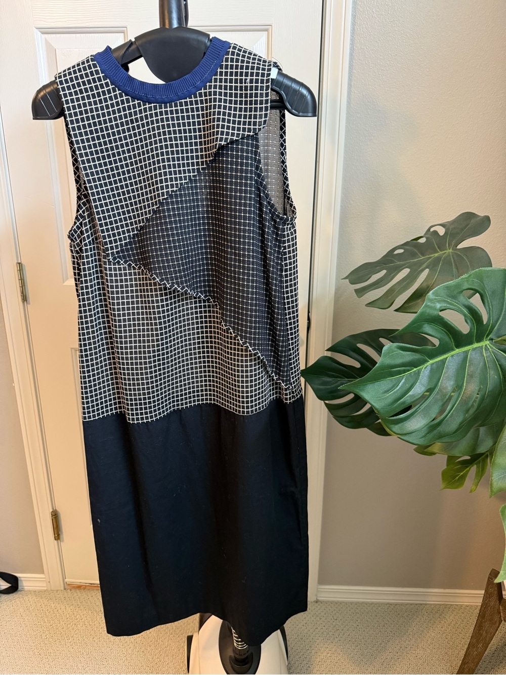 Carven Black & White Grid Midi Dress with Blue Neck Trim